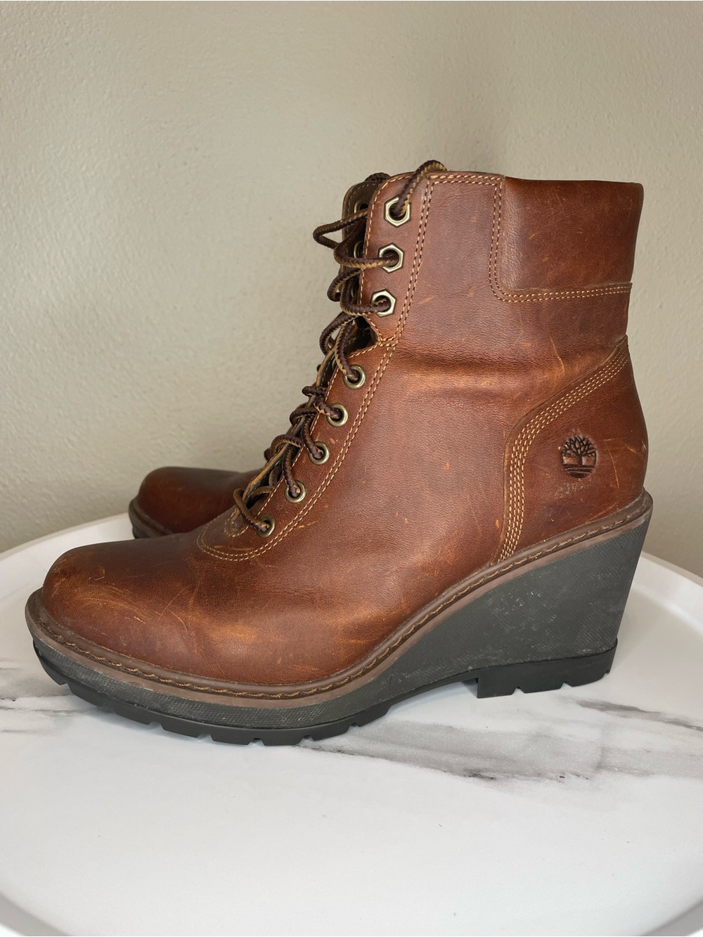 Timberland Brown Leather Wedge Lace-Up Ankle Boots size 8